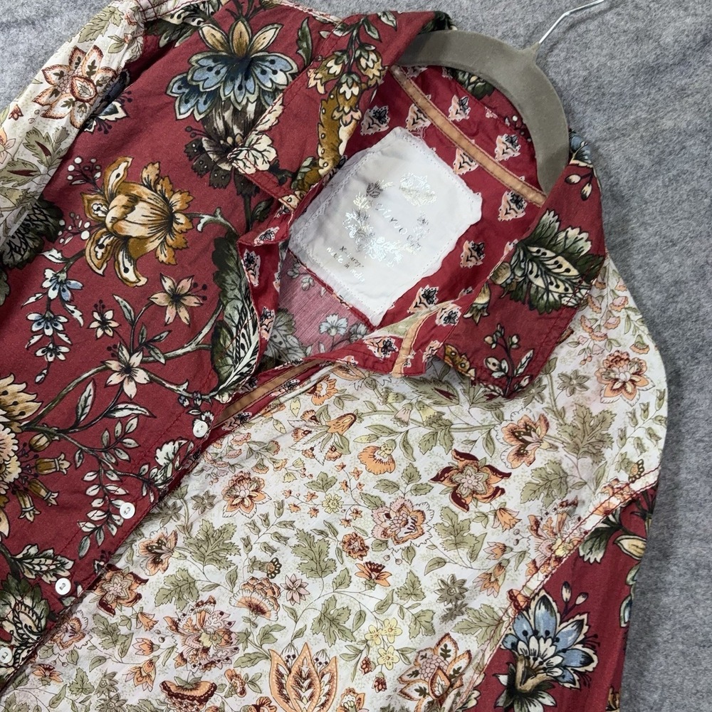 Cino Sundance Blouse Top Womens XL Dark Red Floral Roll Tab Boho Cottagecore